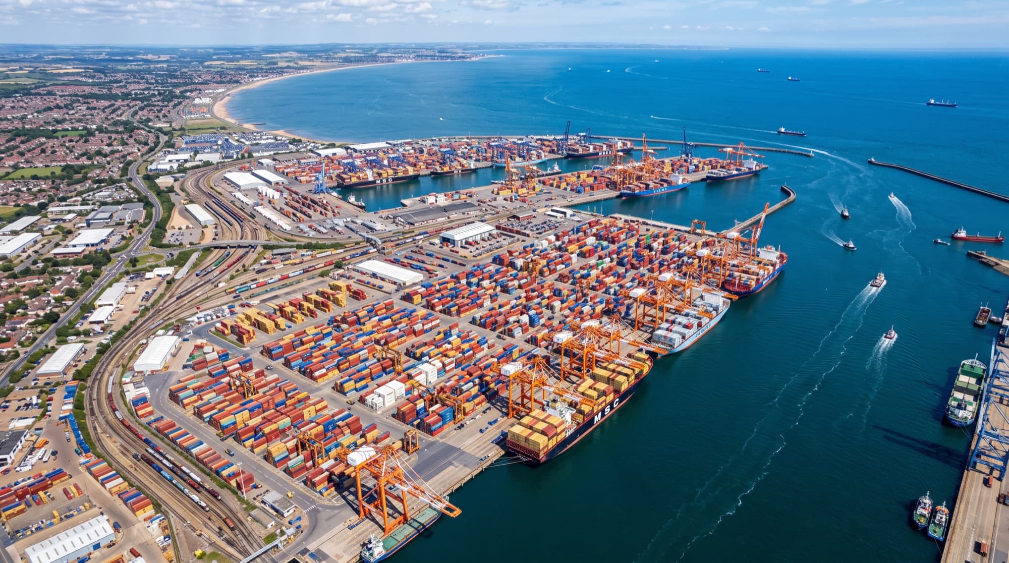 Aerial view of a container port